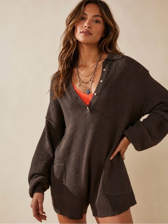 Free People Other - Free People Chocolate Brown Ribbed V-Neck Sweater Tunic